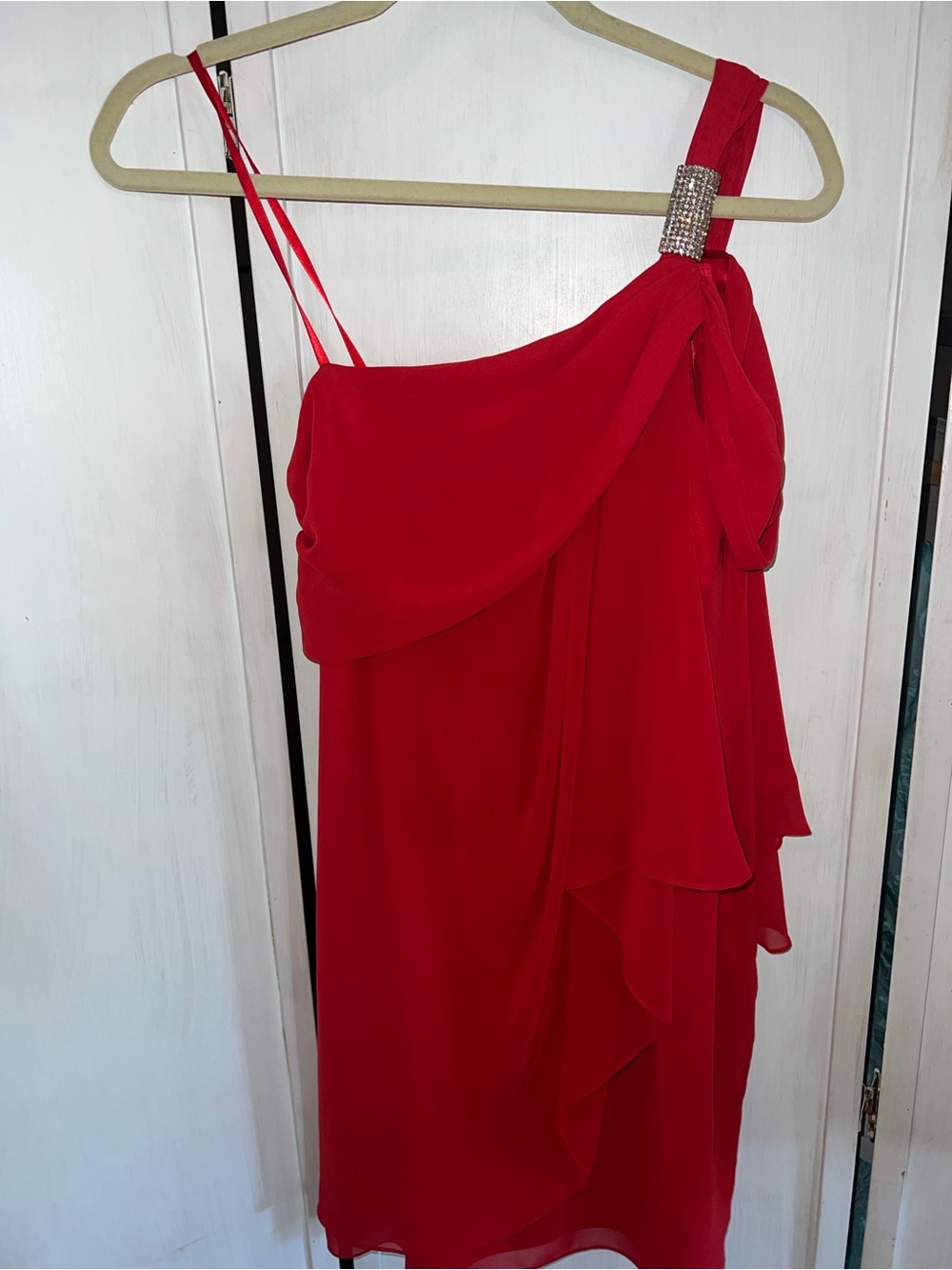 Cache Red One-Shoulder Ruffle Dress with Jeweled Accent